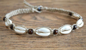 Hemp Necklace Natural with Cowrie Shells and Brown Beads - sunnybeachjewelry