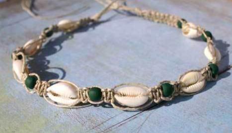 Hemp Necklace Natural with Cowrie Shells and Dark Green Beads - sunnybeachjewelry