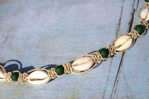 Hemp Necklace Natural with Cowrie Shells and Dark Green Beads - sunnybeachjewelry