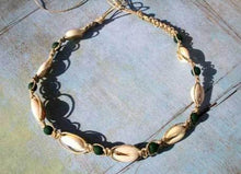 Load image into Gallery viewer, Hemp Necklace Natural with Cowrie Shells and Dark Green Beads - sunnybeachjewelry

