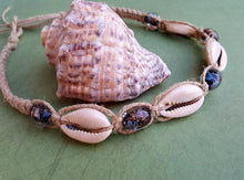 Load image into Gallery viewer, Hemp Necklace Natural with Cowrie Shells and Glass Glitter Beads - sunnybeachjewelry
