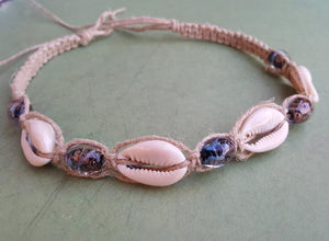Hemp Necklace Natural with Cowrie Shells and Glass Glitter Beads - sunnybeachjewelry