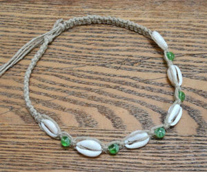 Hemp Necklace Natural with Cowrie Shells and Glow in The Dark Beads - sunnybeachjewelry