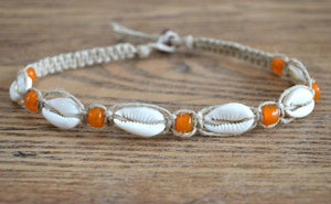 Hemp Necklace Natural with Cowrie Shells and Orange Beads - sunnybeachjewelry