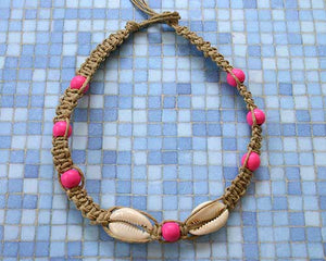 Hemp Necklace Natural with Cowrie Shells and Pink Beads - sunnybeachjewelry