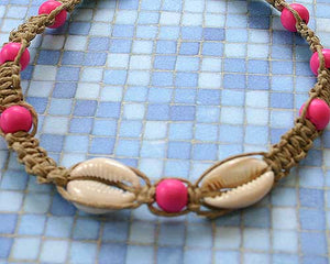 Hemp Necklace Natural with Cowrie Shells and Pink Beads - sunnybeachjewelry