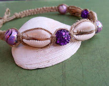 Load image into Gallery viewer, Hemp Necklace Natural with Cowrie Shells and Purple Beads - sunnybeachjewelry
