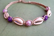Load image into Gallery viewer, Hemp Necklace Natural with Cowrie Shells and Purple Beads - sunnybeachjewelry
