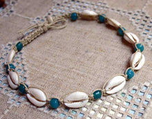 Load image into Gallery viewer, Hemp Necklace Natural with Cowrie Shells and Teal Beads - sunnybeachjewelry
