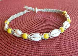 Hemp Necklace Natural with Cowrie Shells and Yellow Beads - sunnybeachjewelry