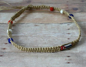 Hemp Necklace Natural with Cuba Flag Beads - sunnybeachjewelry