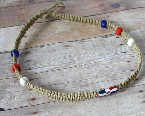 Hemp Necklace Natural with Dominican Republic Flag Beads - sunnybeachjewelry