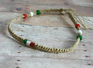 Hemp Necklace Natural with Italy Flag Beads - sunnybeachjewelry