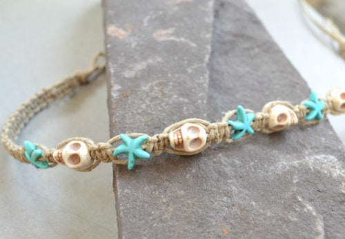 Hemp Necklace Natural with Skulls and Blue Starfish - sunnybeachjewelry