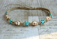 Load image into Gallery viewer, Hemp Necklace Natural with Skulls and Blue Starfish - sunnybeachjewelry
