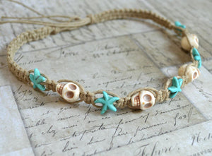 Hemp Necklace Natural with Skulls and Blue Starfish - sunnybeachjewelry