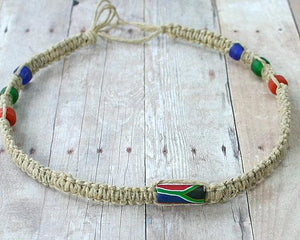 Hemp Necklace Natural with South Africa Flag Beads - sunnybeachjewelry