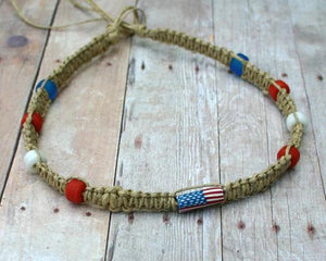 Hemp Necklace Natural with USA Flag Beads - sunnybeachjewelry
