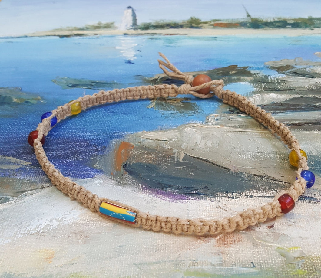 Hemp Necklace Natural with Venezuela Flag Beads - sunnybeachjewelry