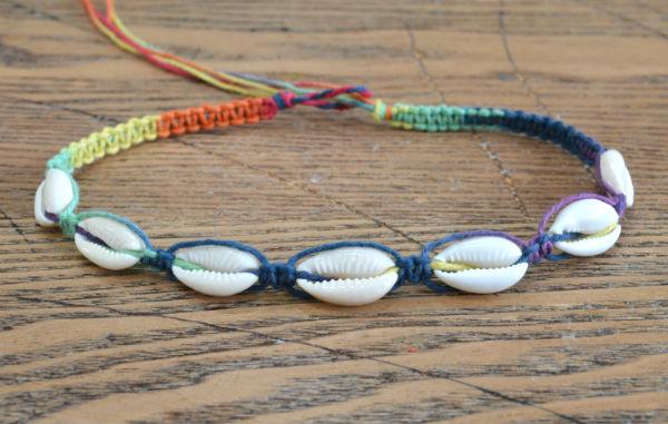 Hemp Necklace Rainbow with Cowrie Shells - sunnybeachjewelry