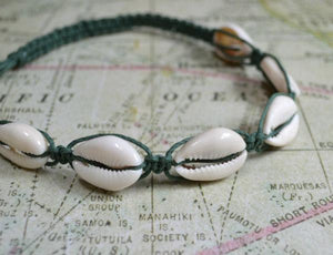 Hemp Necklace Sage Green with Cowrie Shells - sunnybeachjewelry