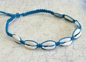 Hemp Necklace Turquoise with Cowrie Shells - sunnybeachjewelry