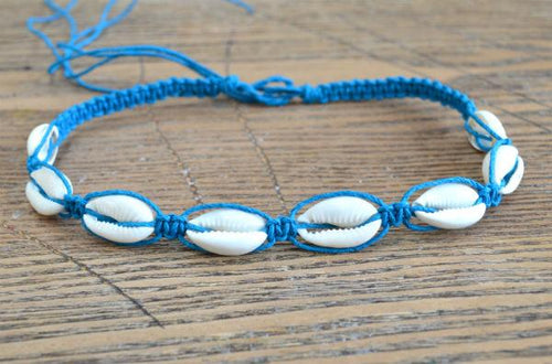 Hemp Necklace Turquoise with Cowrie Shells - sunnybeachjewelry