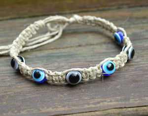 Hemp Necklace With Blue Evil Eye Beads - sunnybeachjewelry