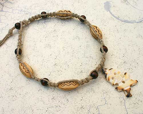 Hemp Necklace With Wooden Beads And Bone Skull - sunnybeachjewelry