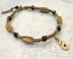 Hemp Necklace With Wooden Beads And Bone Twist - sunnybeachjewelry