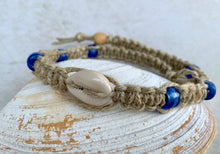 Load image into Gallery viewer, Surfer Phatty Thick Hemp Necklace With Cowrie Shell Blue Beads
