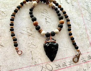 Arrowhead Necklace Obsidian Real Stone Mens Primitive Jewelry, Men's Tribal Necklace, Rustic Choker for Men