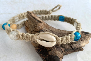 Surfer Phatty Thick Hemp Necklace With Cowrie Shell Mixed Beads
