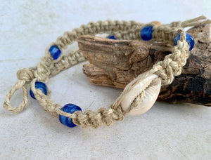 Surfer Phatty Thick Hemp Necklace With Cowrie Shell Blue Beads