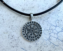 Load image into Gallery viewer, Viking Shield Pendant with Runes - Good Luck Charm -Rune- Norse/Warrior/Protection/Amulet - Leather Necklace
