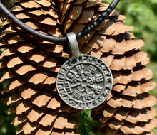 Load image into Gallery viewer, Viking Shield Pendant with Runes - Good Luck Charm --- Norse/Warrior/Protection/Amulet - Leather Necklace
