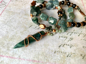 Jasper Tip Necklace Tree Agate Obsidian Primitive Jewelry, Tribal Necklace, Rustic Choker