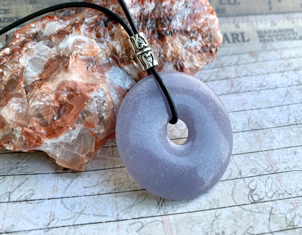 Leather Necklace With Purple Stone Donut
