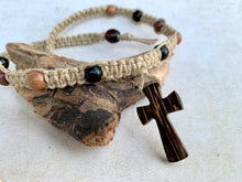 Load image into Gallery viewer, Thick Hemp Necklace with Wooden Cross |Rustic Cross Surfer Necklace| Handmade Beach Jewelry
