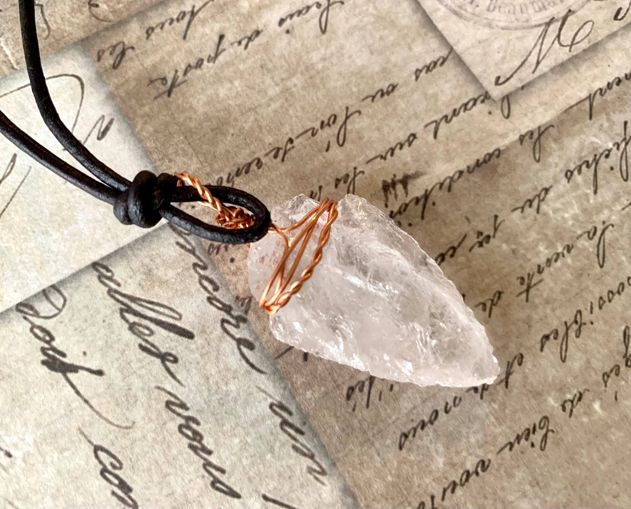 Stone Hunter – Quartz Arrowhead Leather Necklace, Primitive Jewelry