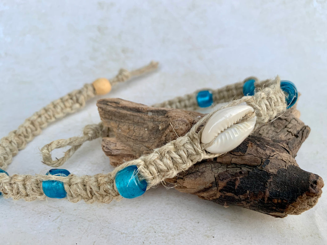 Surfer Phatty Thick Hemp Necklace With Cowrie Shell Aqua Beads