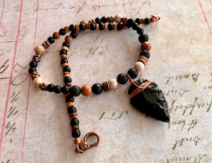 Arrowhead Necklace Obsidian Real Stone Mens Primitive Jewelry, Men's Tribal Necklace, Rustic Choker for Men