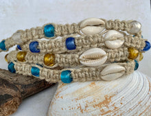 Load image into Gallery viewer, Surfer Phatty Thick Hemp Necklace With Cowrie Shell Blue Beads

