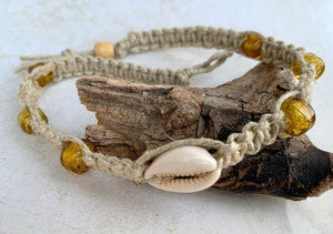 Surfer Phatty Thick Hemp Necklace With Cowrie Shell Gold Beads