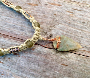 Arrowhead Hemp Necklace Flint Real Stone, Primitive Jewelry, Men's Tribal Necklace