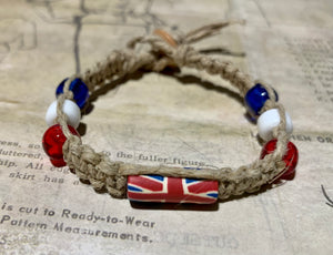 Hemp Bracelet with UK United Kingdom Flag Beads