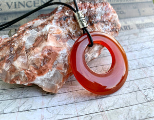 Leather Necklace With Red Agate Donut