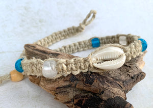 Surfer Phatty Thick Hemp Necklace With Cowrie Shell Mixed Beads