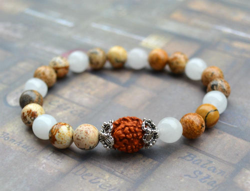 Jasper Snow Quartz Rudraksha Lord Shiva Eye Yoga Mala Bracelet - sunnybeachjewelry
