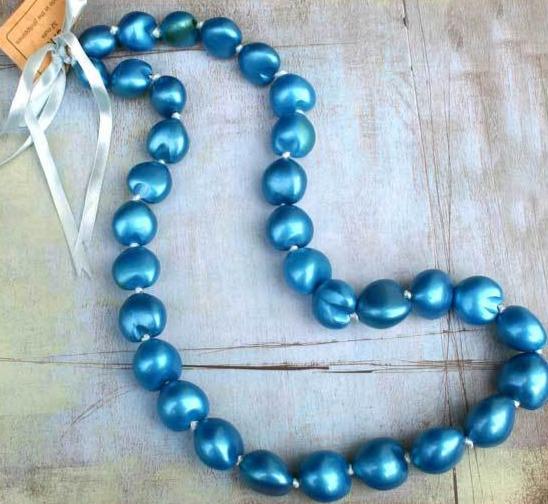 Kukui Nut Lei Necklace Hawaii Metallic Blue 32 inches Free Shipping - sunnybeachjewelry